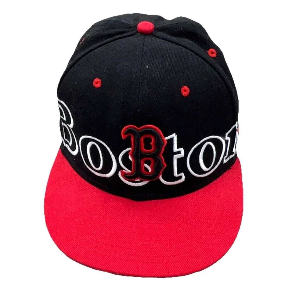 Boston Red Sox Hat Cap Snapback Black Spell Out Big Logo High Dome Flat Bill Y‎